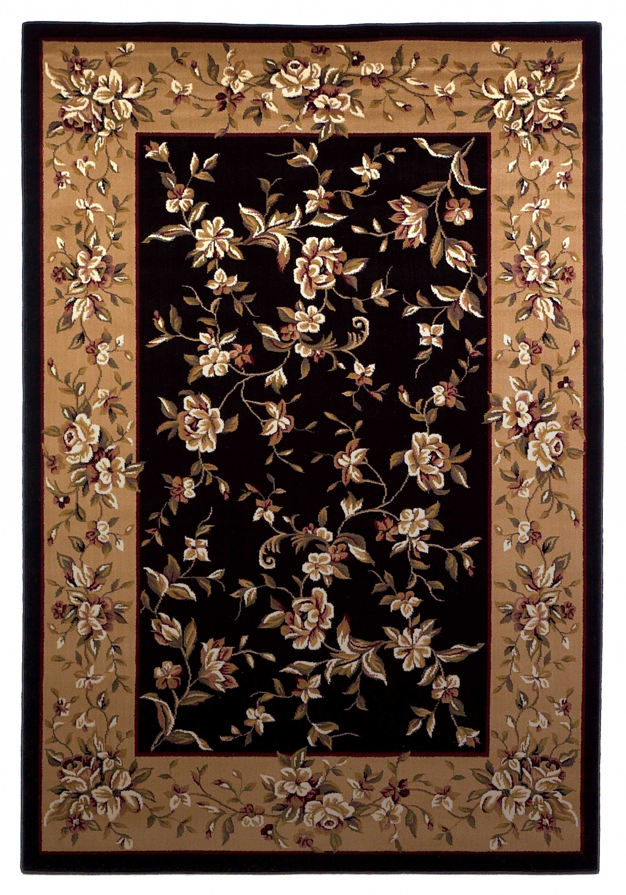 Black and Beige Floral Vines Area Rug