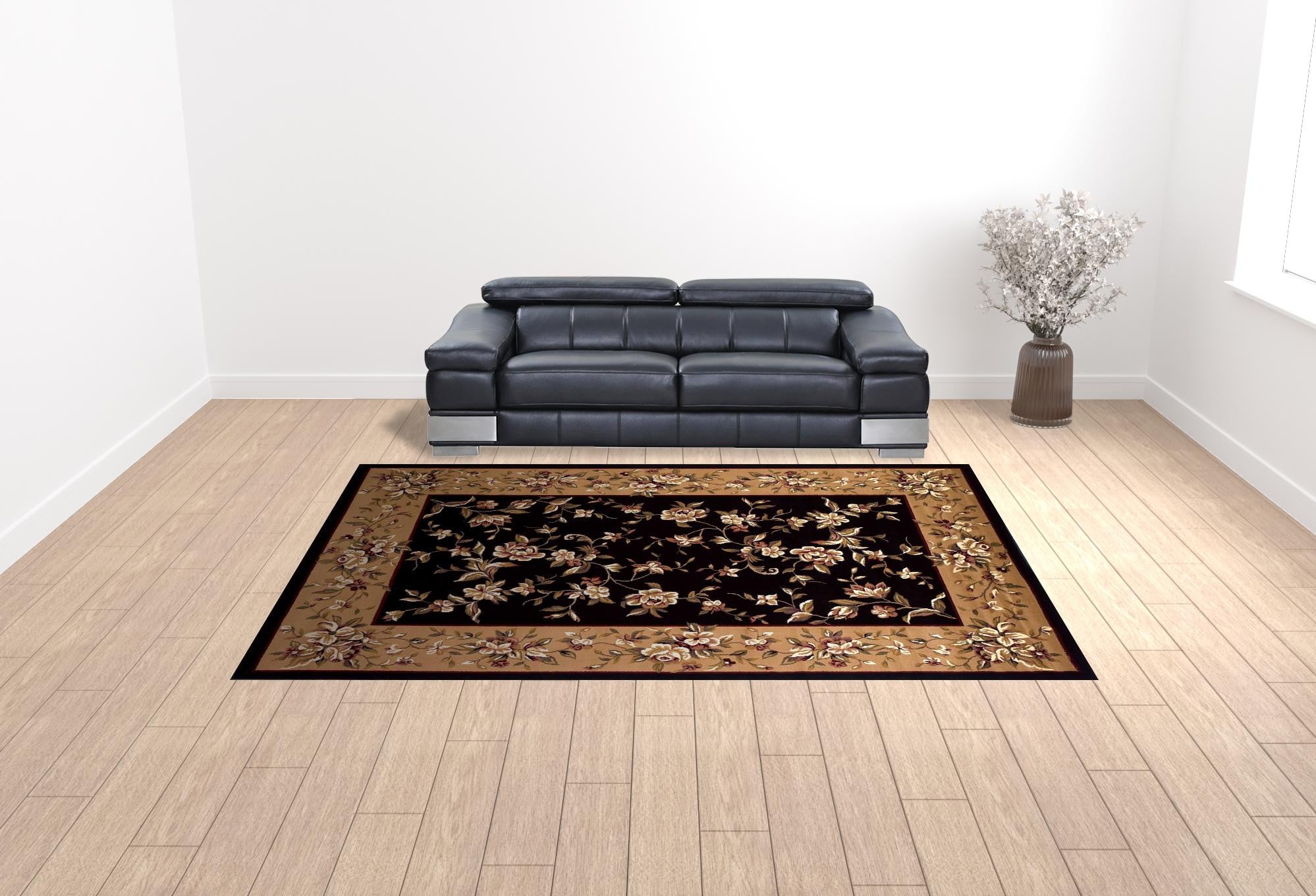 Black and Beige Floral Vines Area Rug