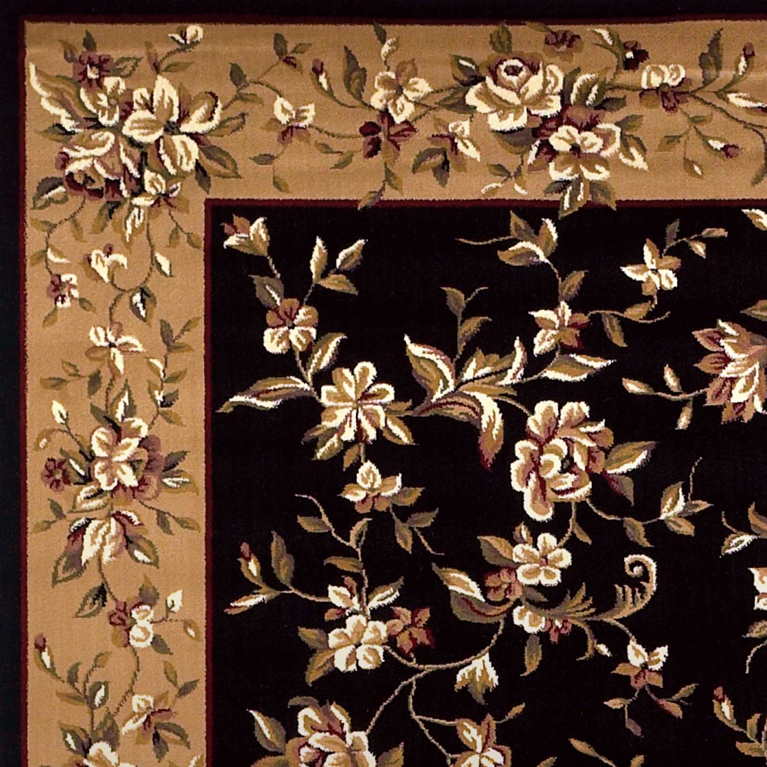 Black and Beige Floral Vines Area Rug