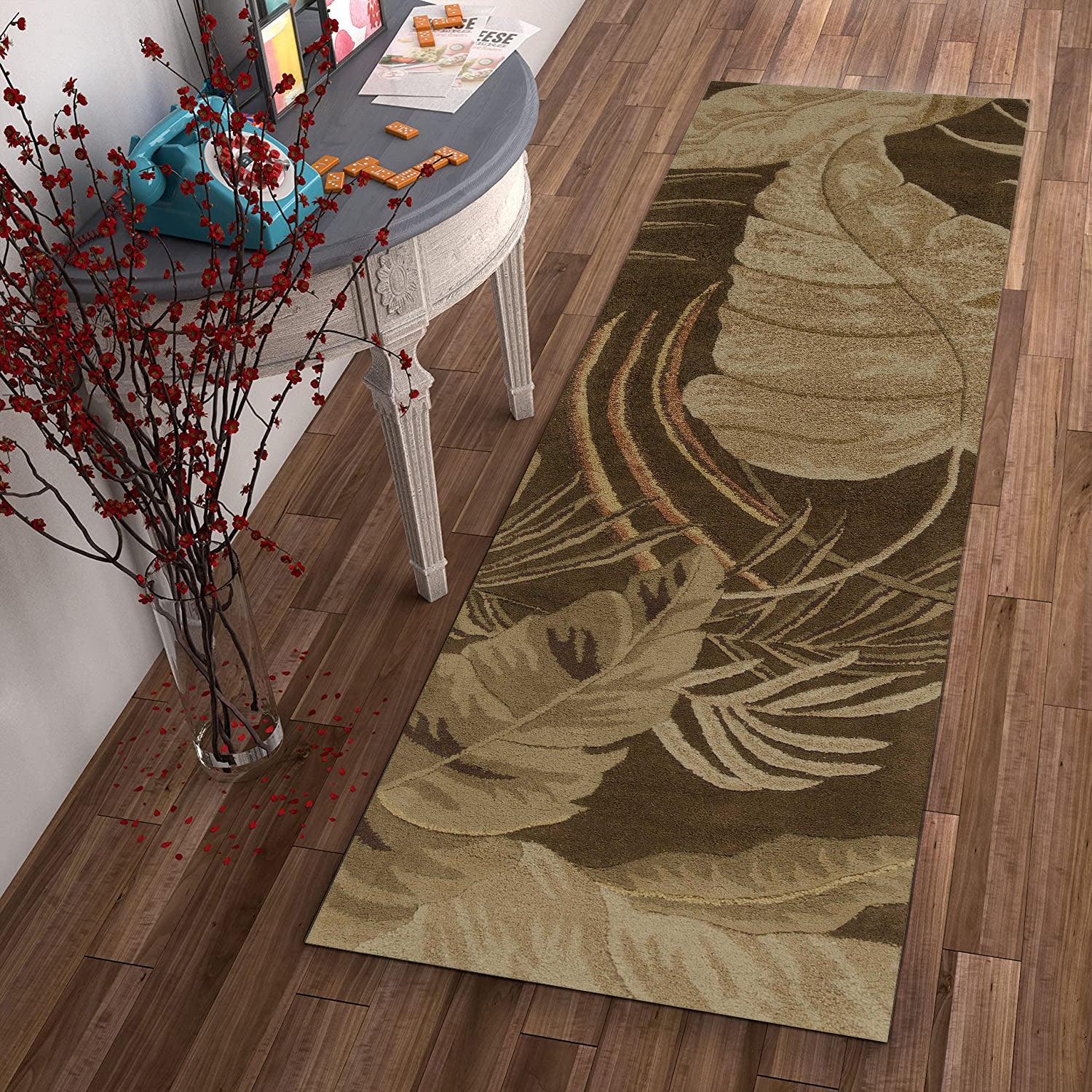 2' x 8' Mocha Brown Tropical Leaves Runner Rug