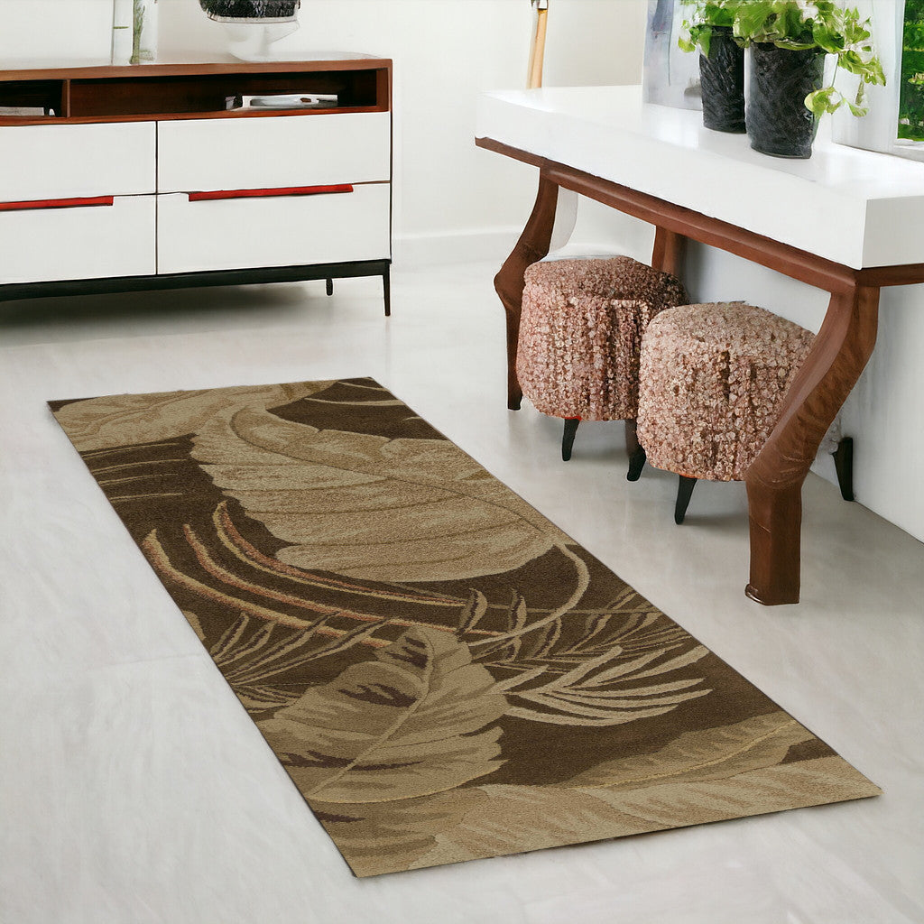 2' x 8' Mocha Brown Tropical Leaves Runner Rug