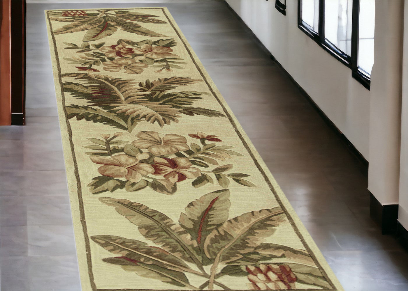 2' x 10' Beige Tropical Palm Runner Rug