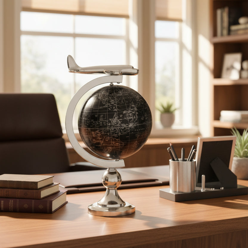 18" Silver Airplane Desk Globe