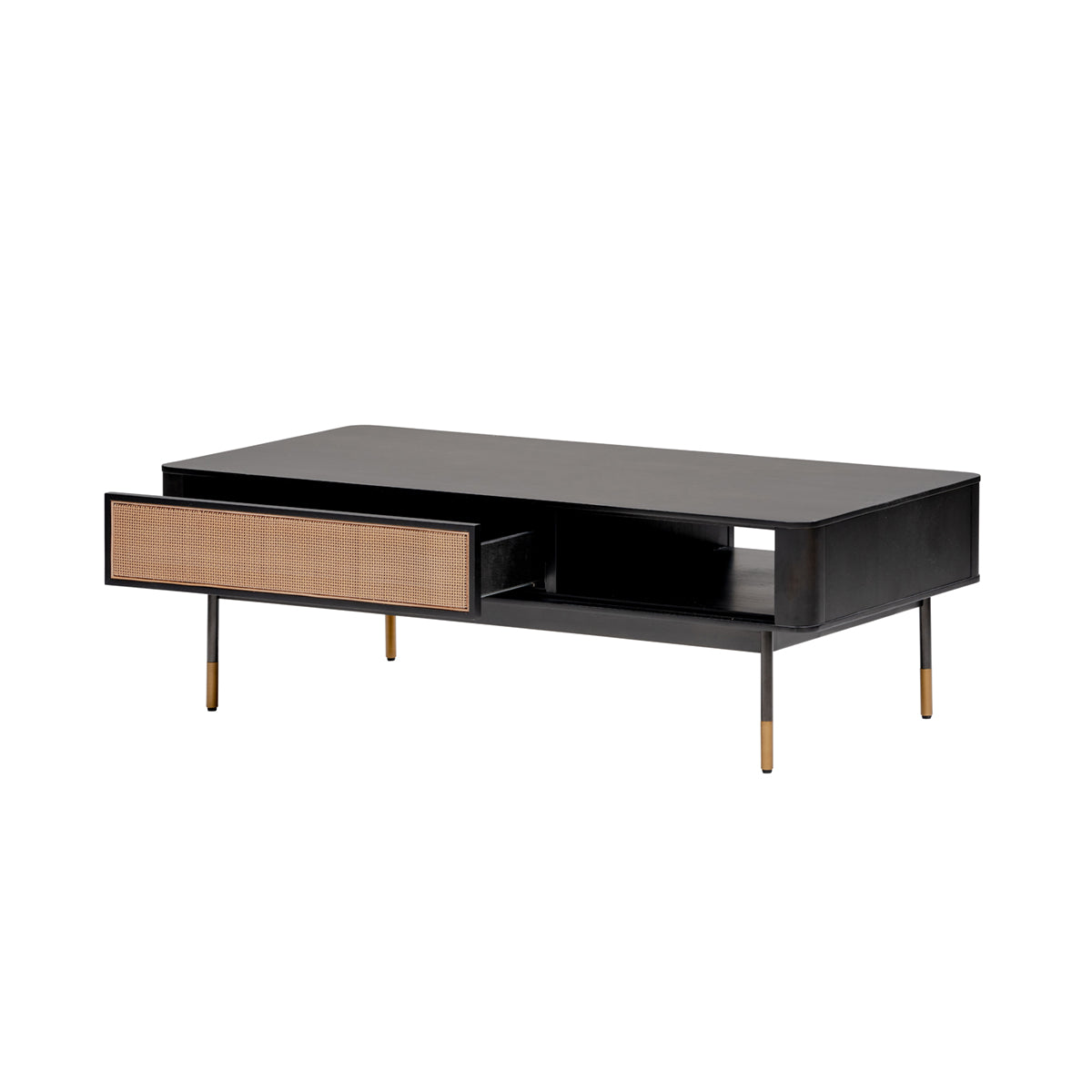 47" Black Wood and Rattan Coffee Table