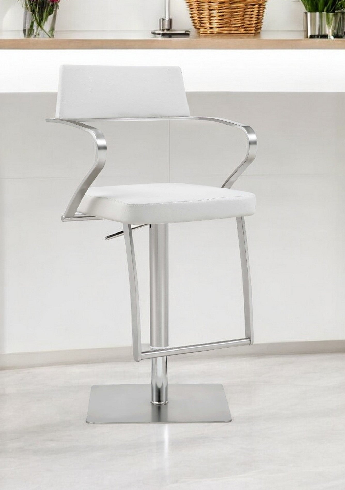 36" White and Silver Curved Arm Rest Bar Chair