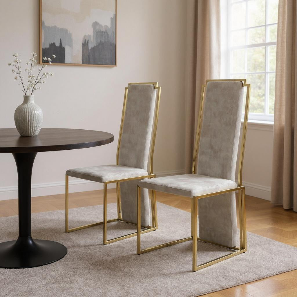 22" Set of Two Beige and Gold Tall Back Chair