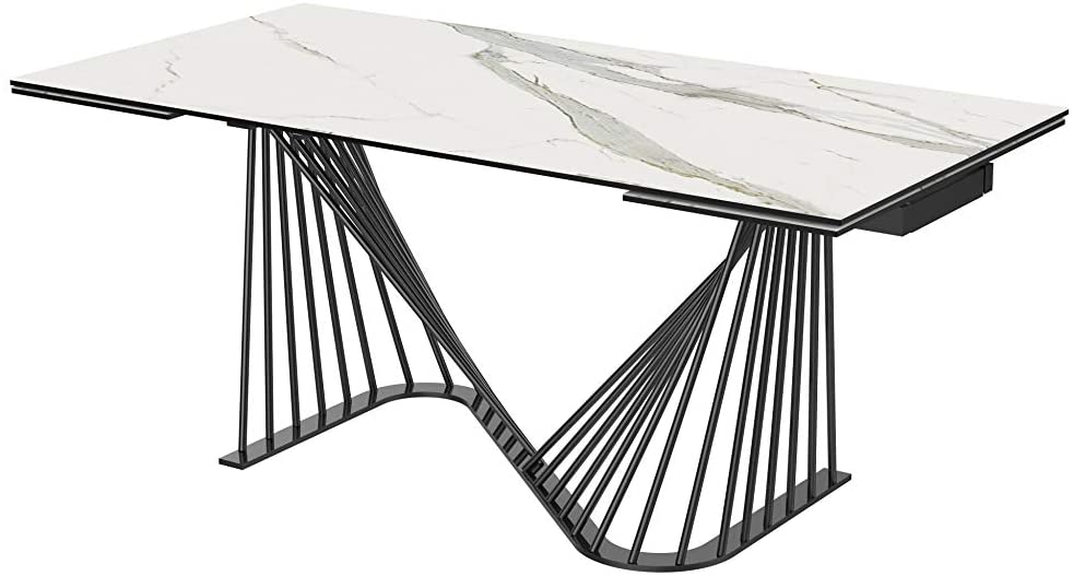 71" White and Black Stone Retractable Dining Table