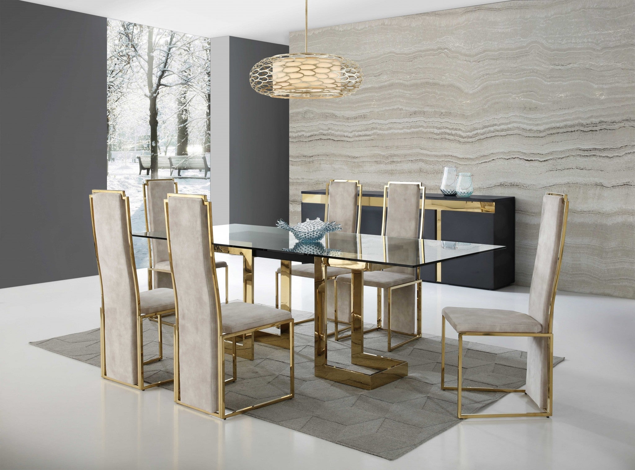 87" Gold Glass Pedestal Dining Table