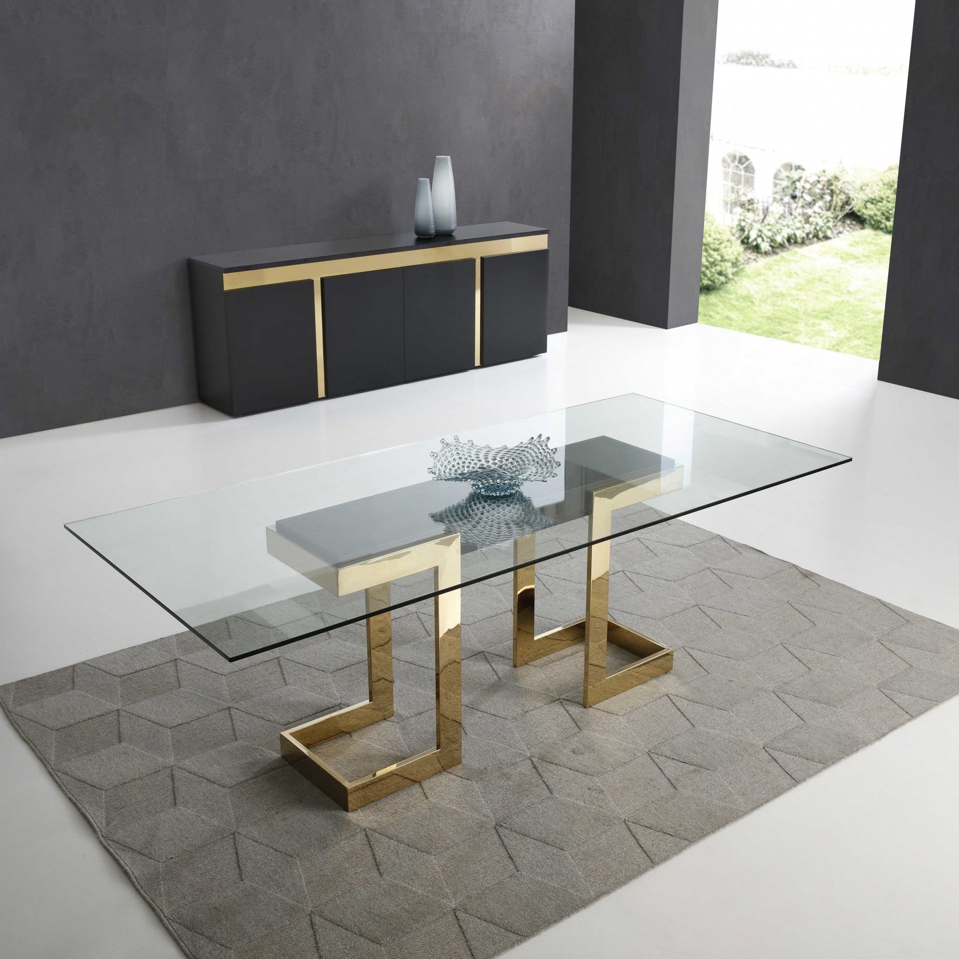 87" Gold Glass Pedestal Dining Table