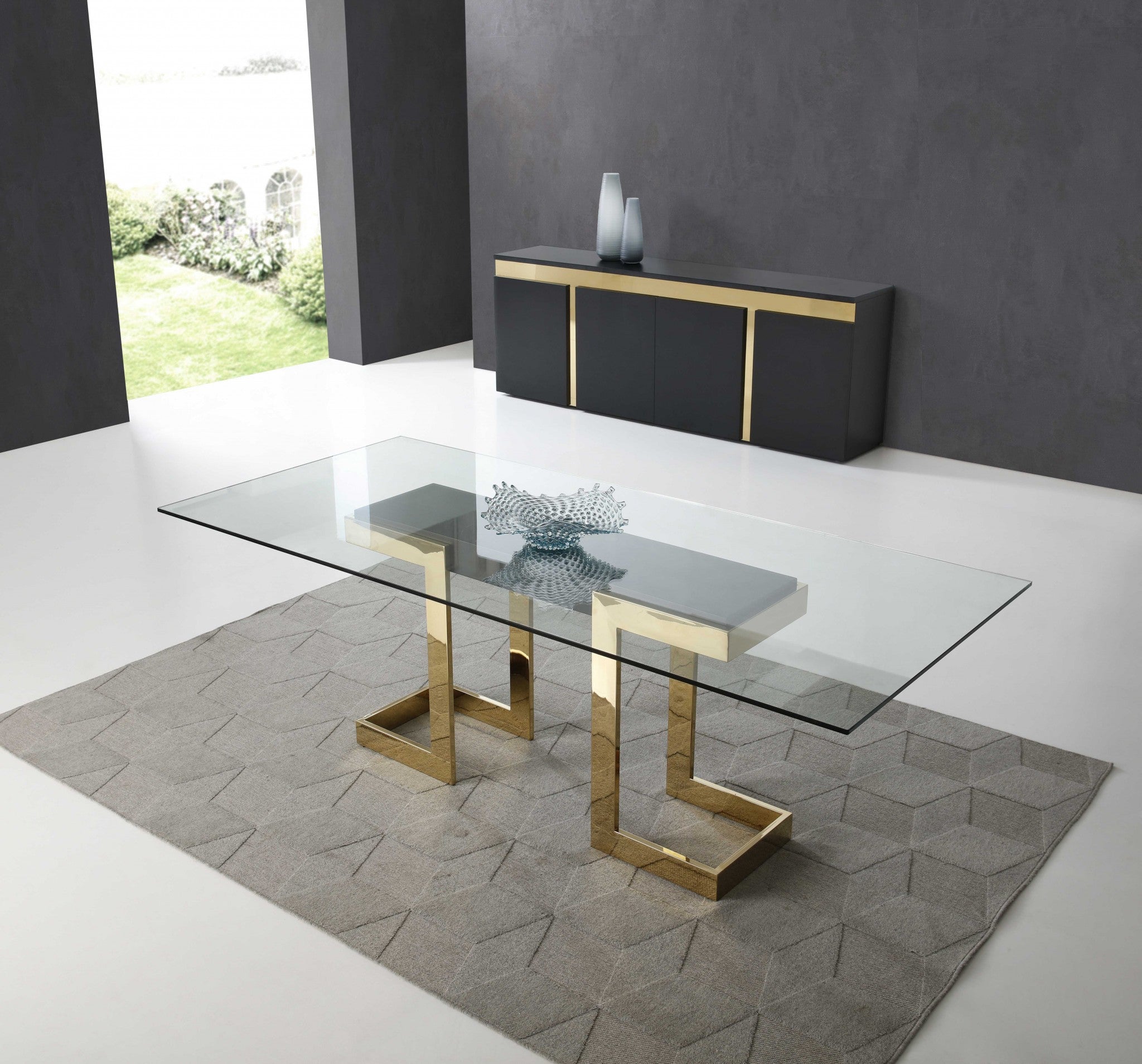 87" Gold Glass Pedestal Dining Table