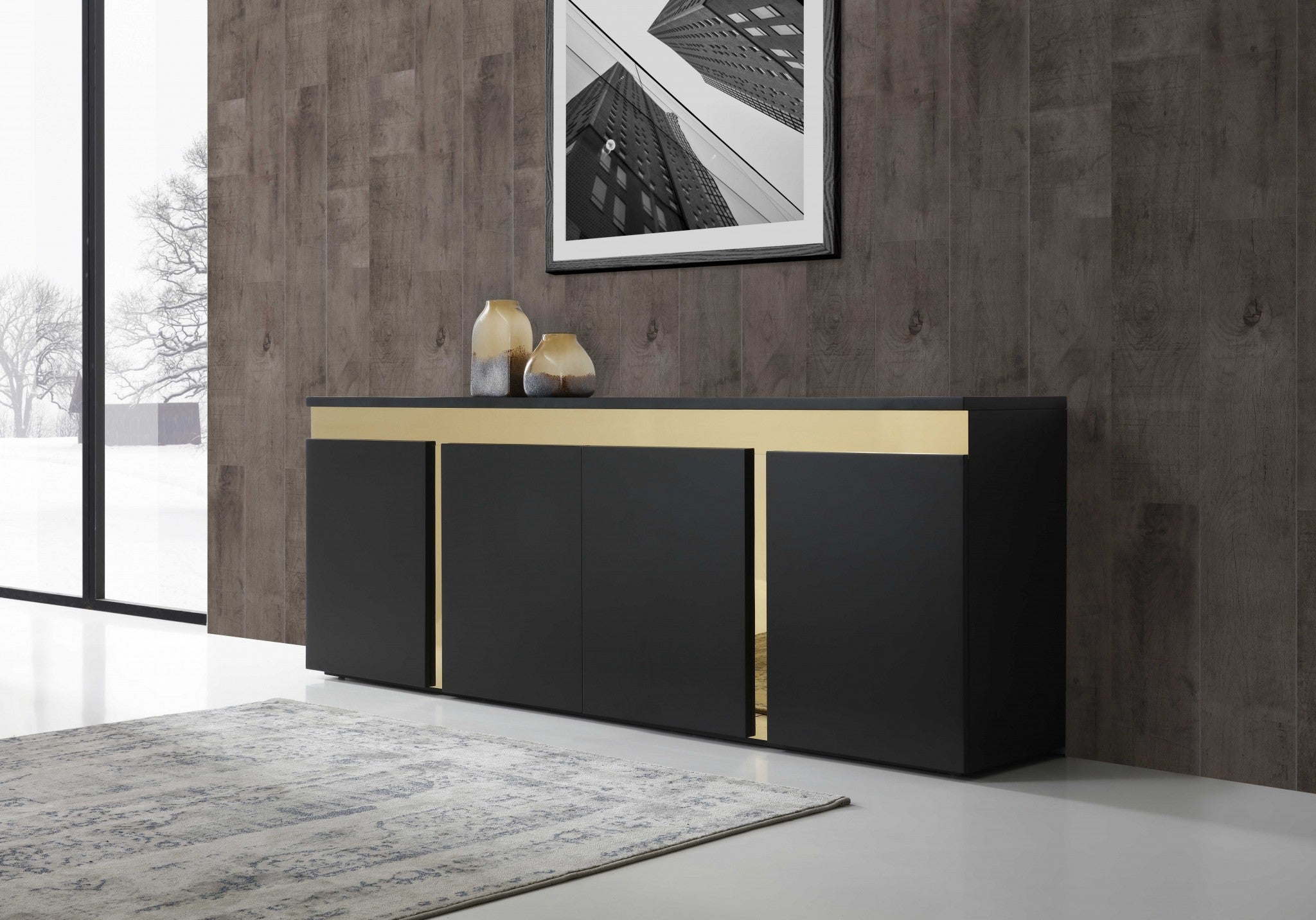 94" Black and Gold Metal Buffet