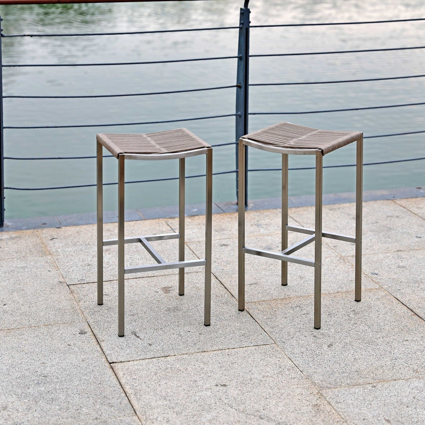 28" Set of Four Brown and Silver Square Barstool