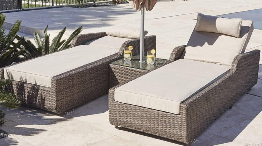 78" Set of Two Brown Rattan Outdoor Sun Loungers