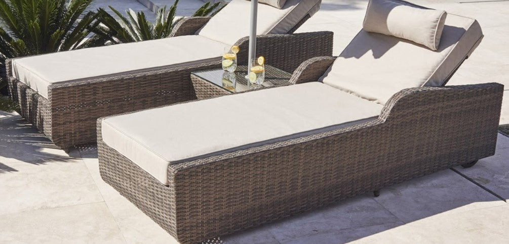 78" Set of Two Brown Rattan Outdoor Sun Loungers