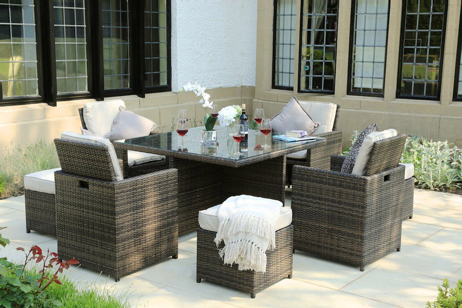 9 Piece Brown and White Outdoor Dining Set