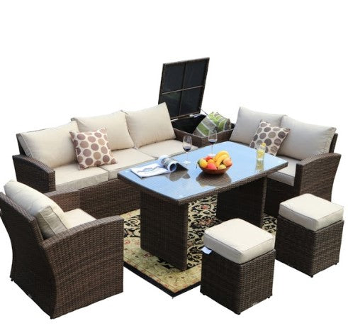 7 Piece Brown and White Rattan Outdoor Patio Set