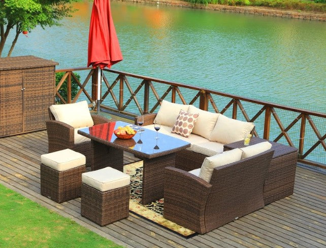 7 Piece Brown and White Rattan Outdoor Patio Set