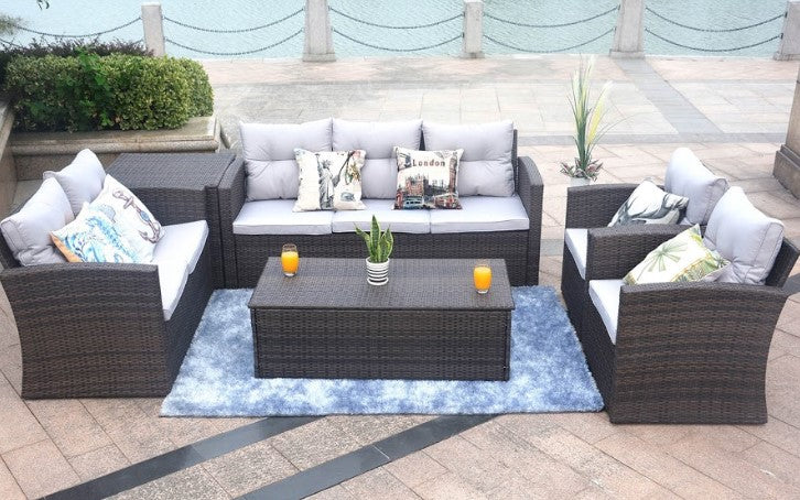 6 Piece Brown and Blue Outdoor Patio Set