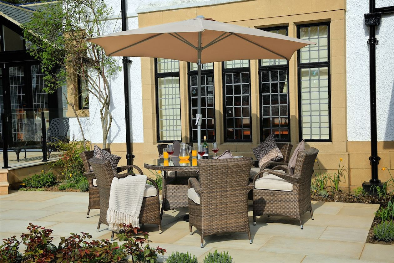 7 Piece Brown and White Round Table Outdoor Dining Set