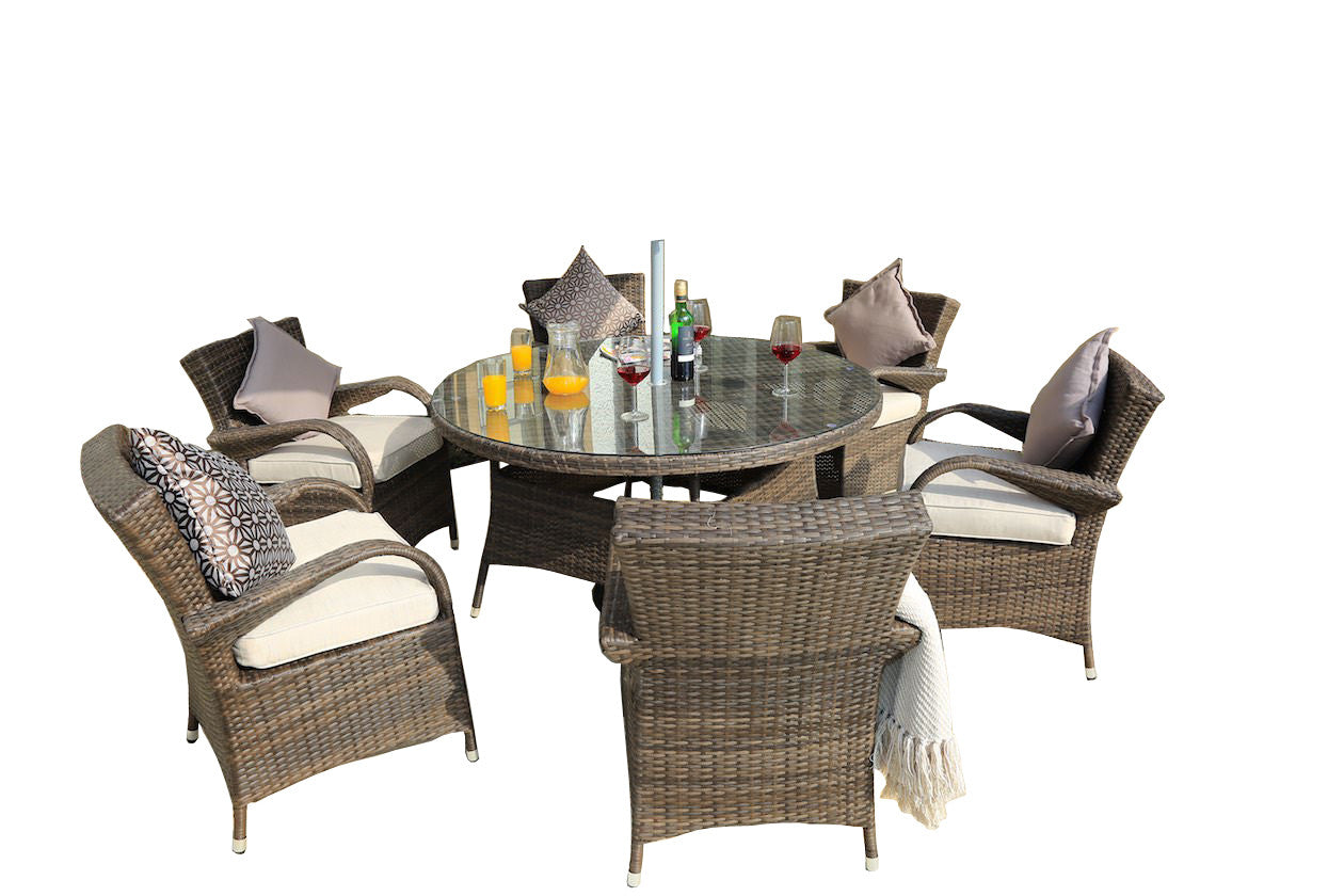 7 Piece Brown and White Round Table Outdoor Dining Set