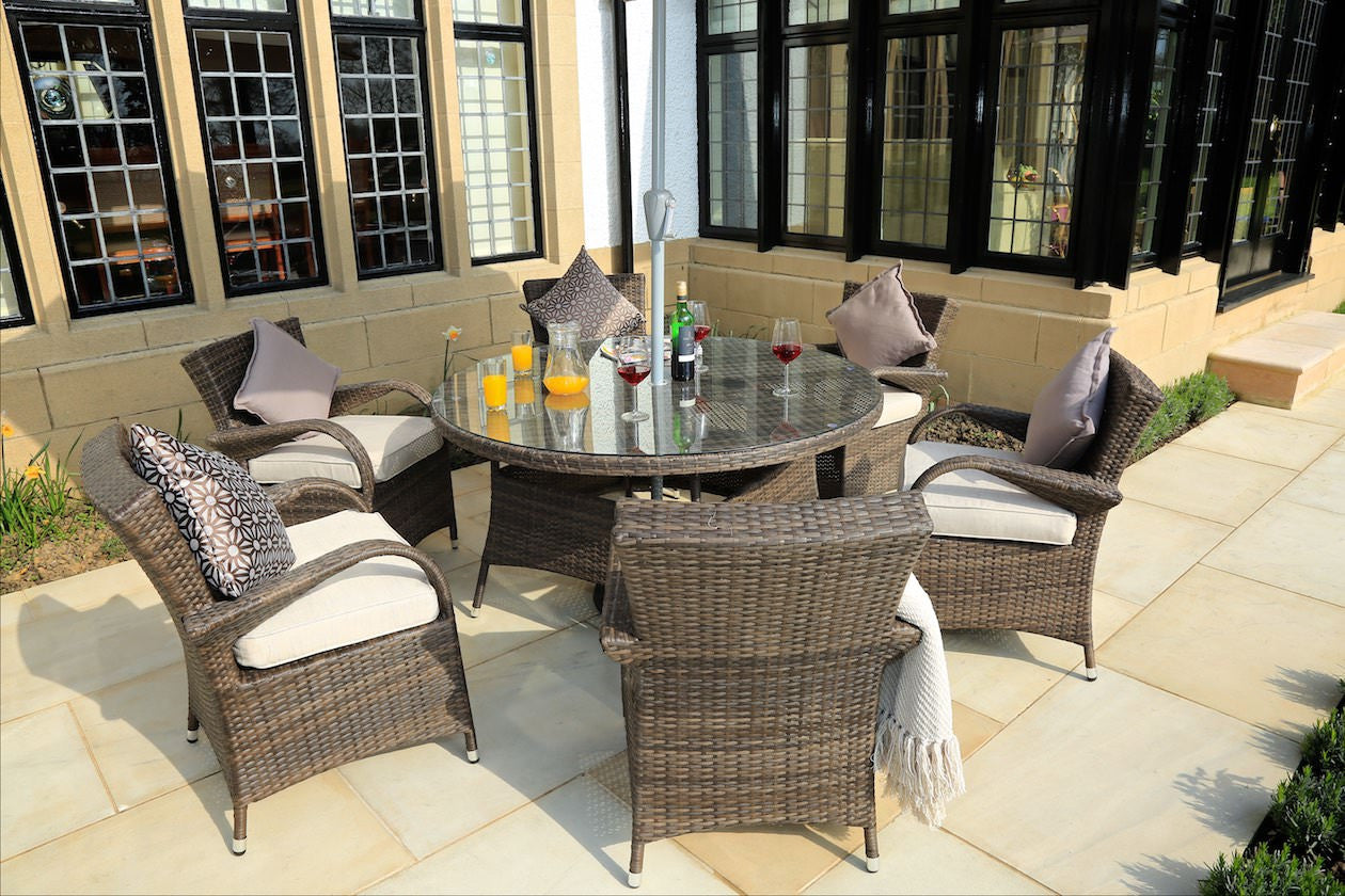 7 Piece Brown and White Round Table Outdoor Dining Set