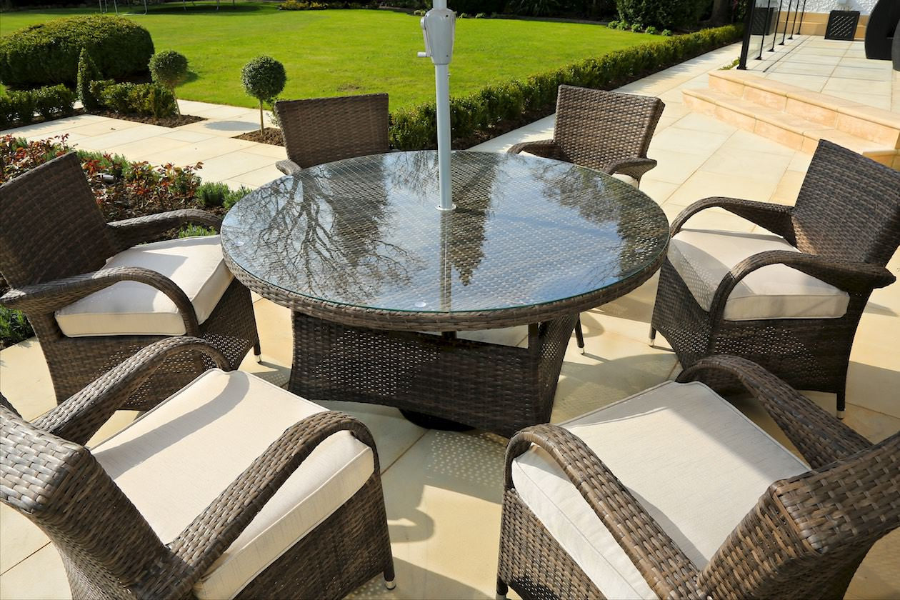 7 Piece Brown and White Round Table Outdoor Dining Set