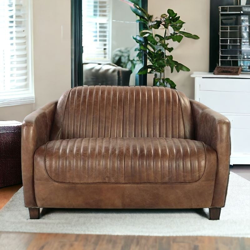50" Brown Leather Channel Back Loveseat