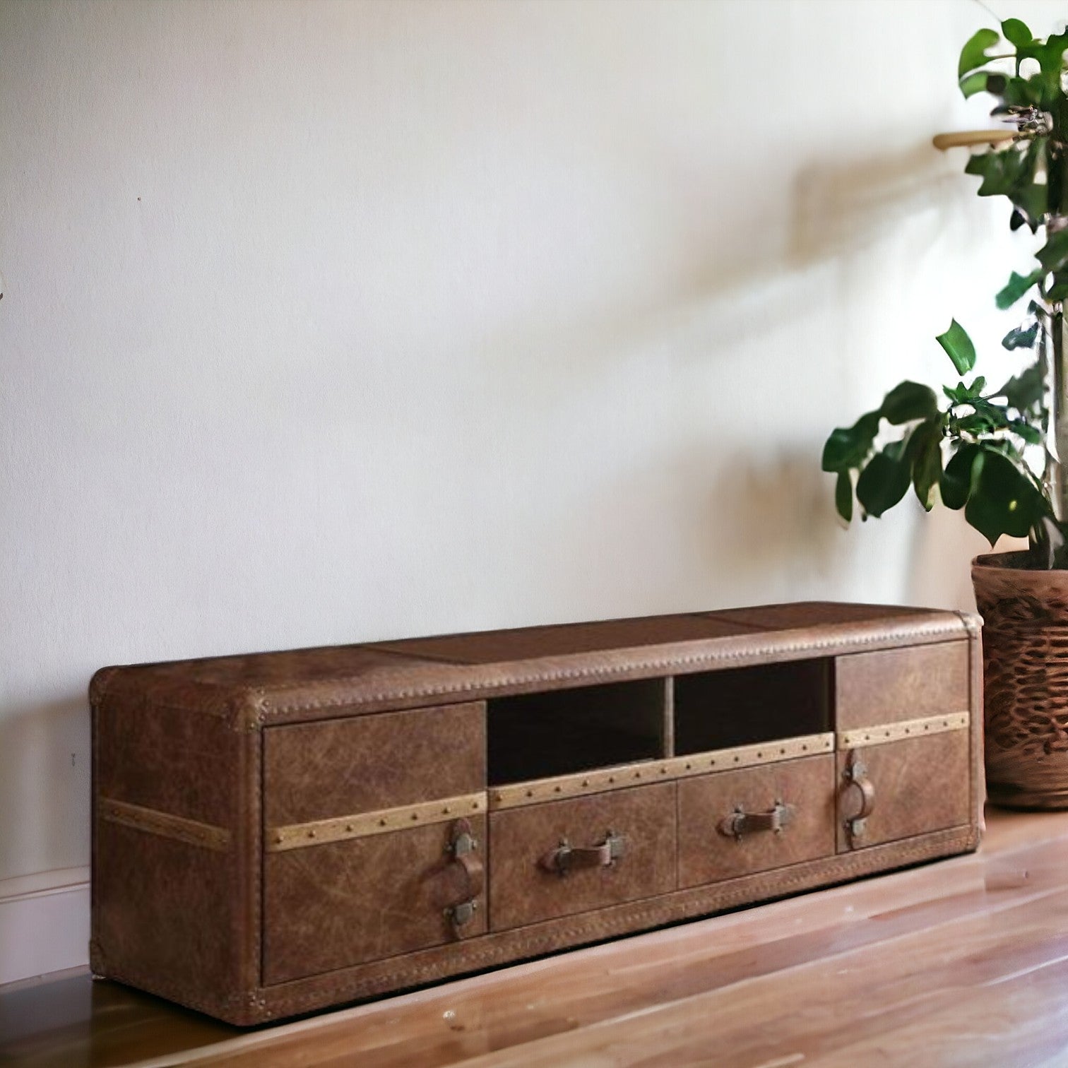 80" Brown Leather Tv Stand With Storage