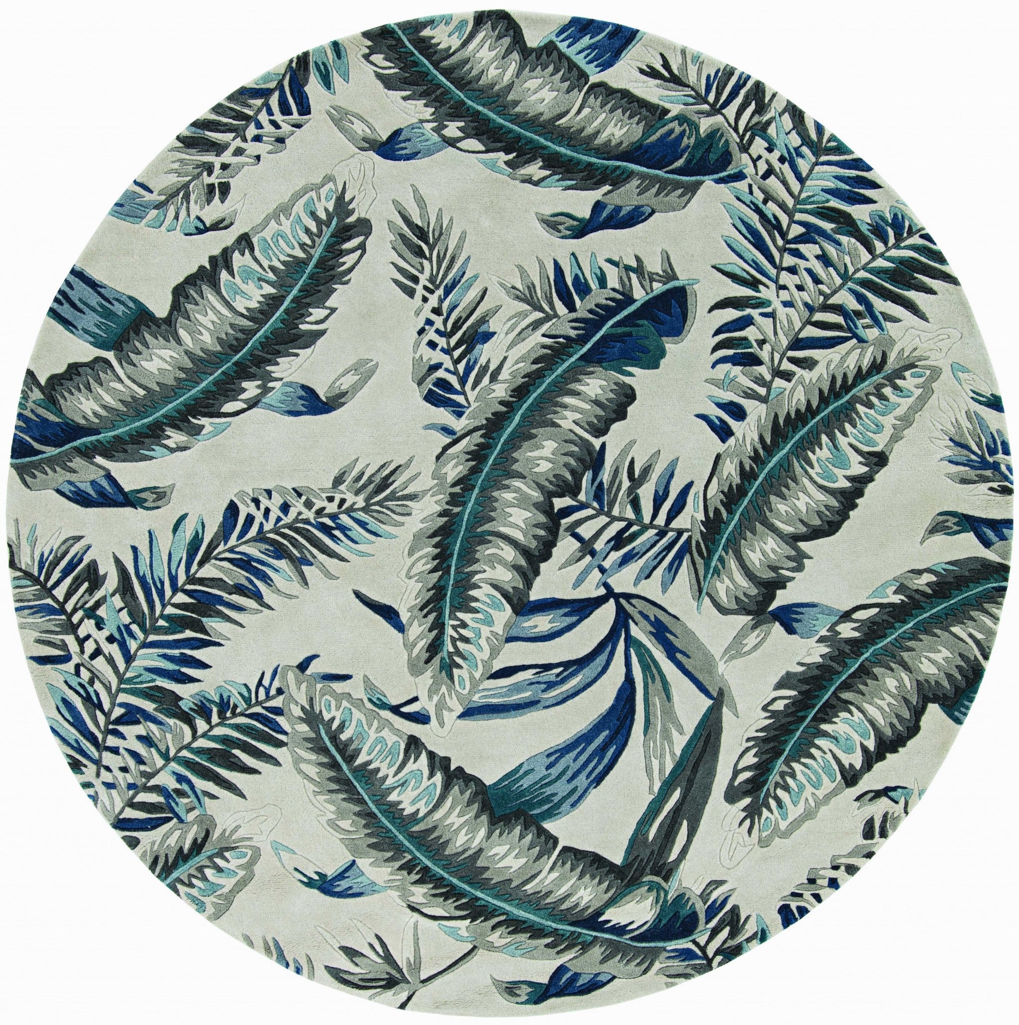 8' Gray and Blue Round Leaves Rug