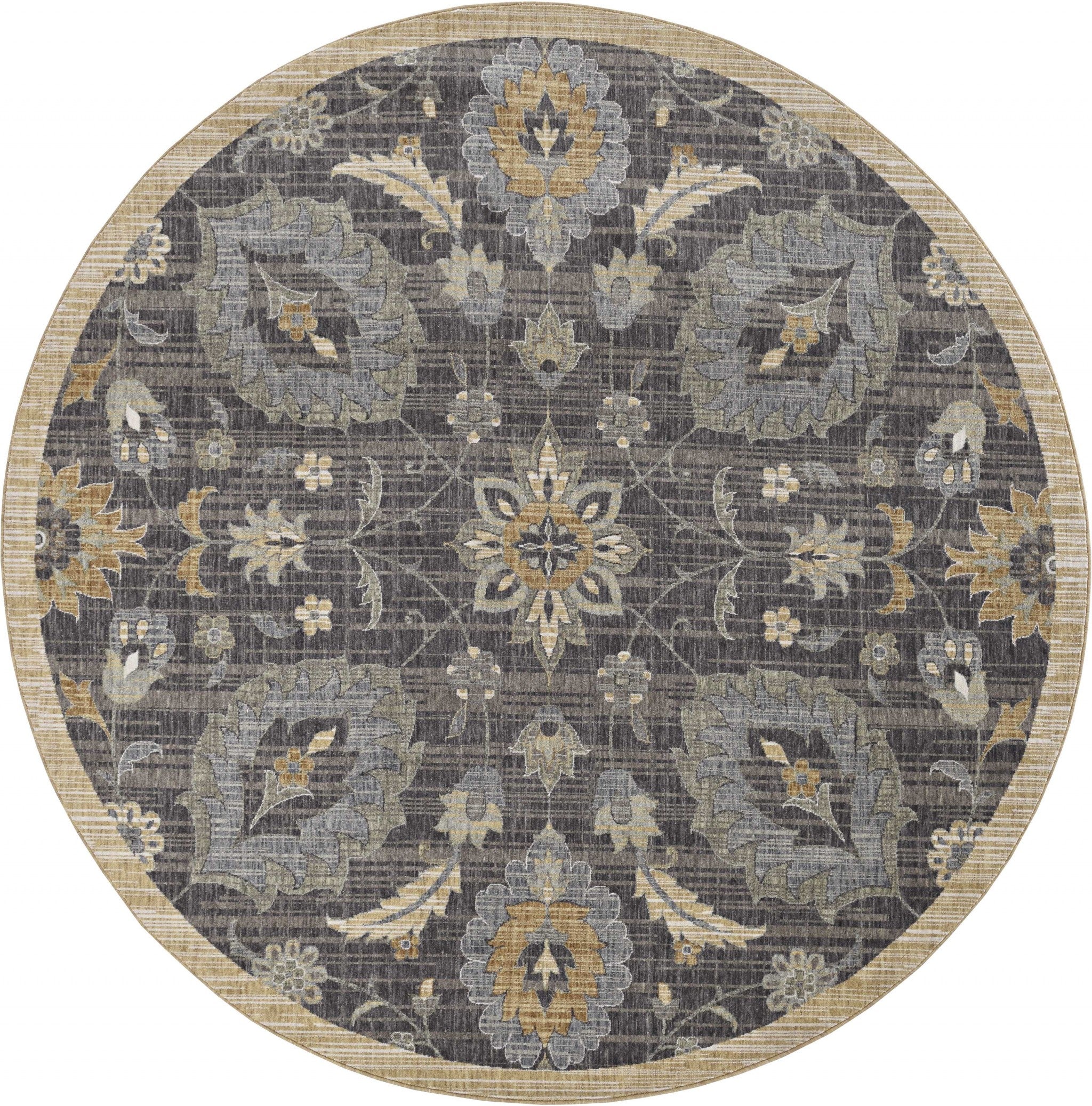 9' Taupe and Tan Round Floral Traditional Rug