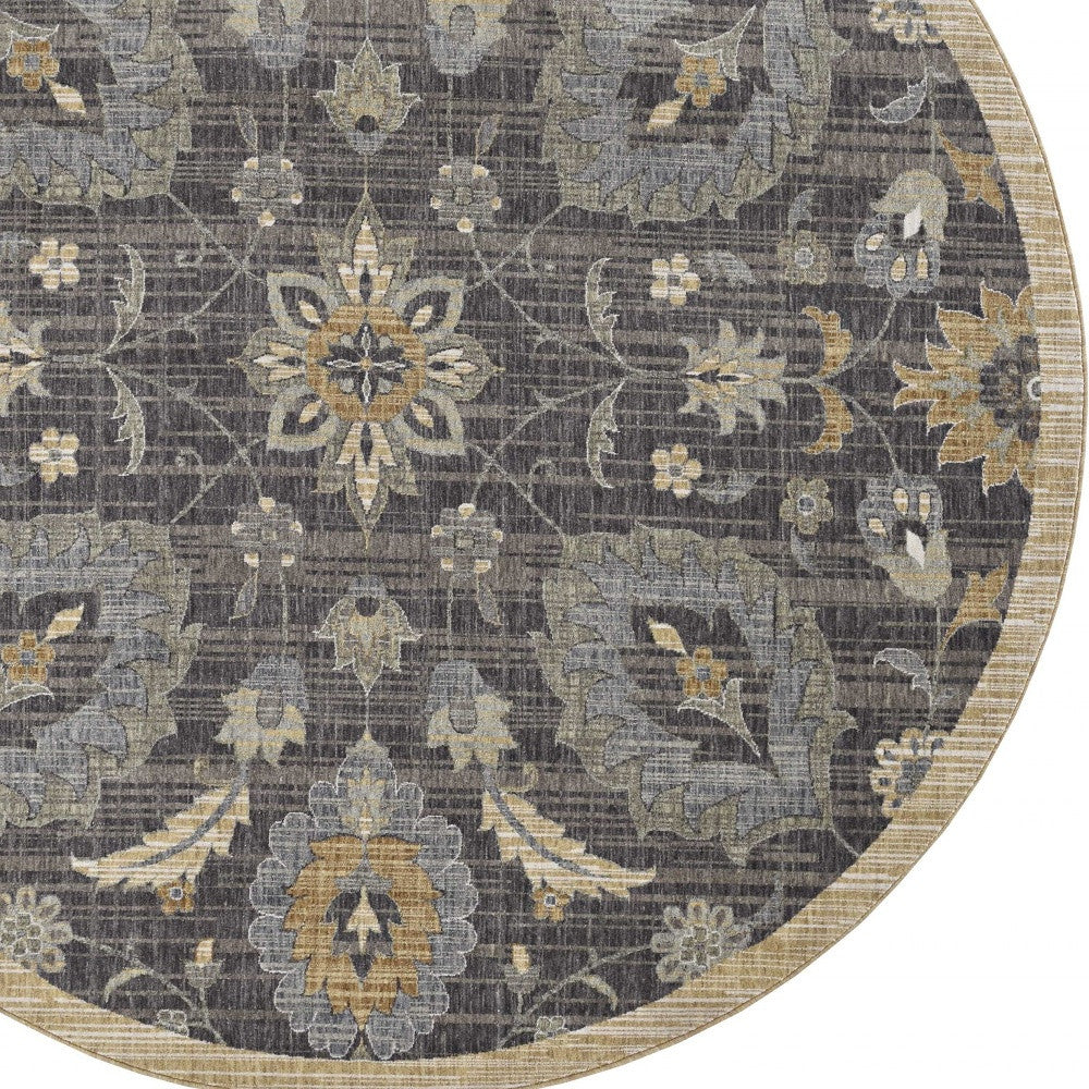 9' Taupe and Tan Round Floral Traditional Rug