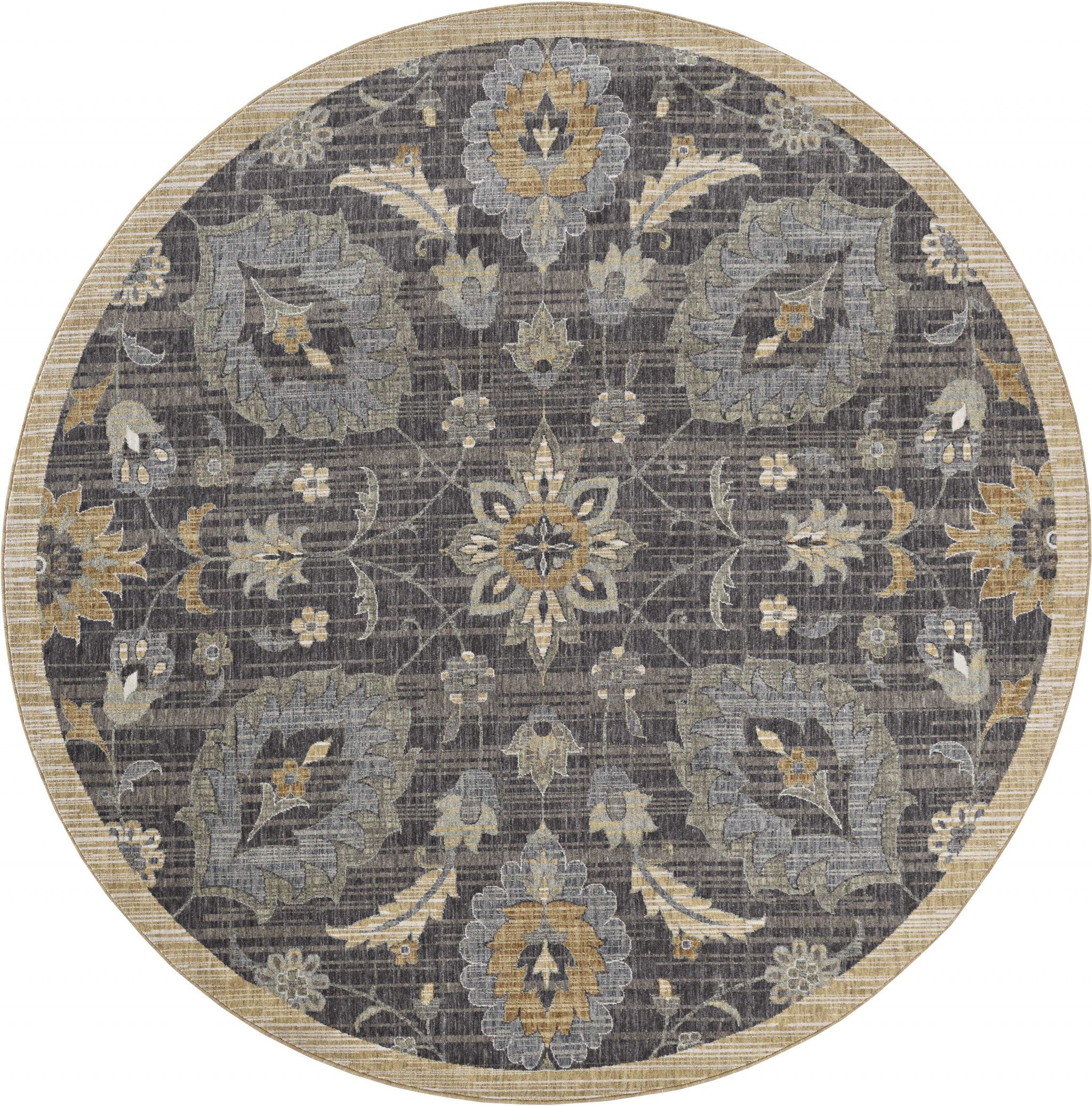 9' Taupe and Tan Round Floral Traditional Rug