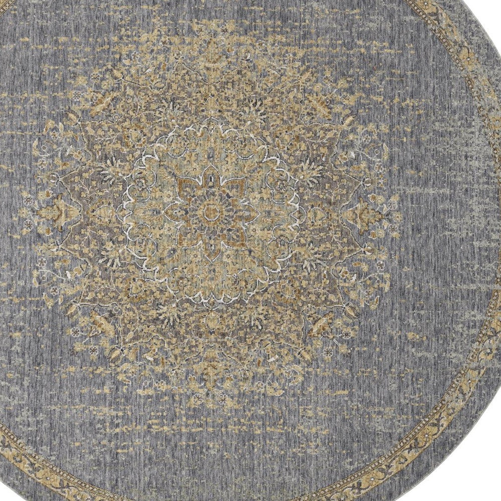 9' Gray and Tan Round Traditional Wool Rug