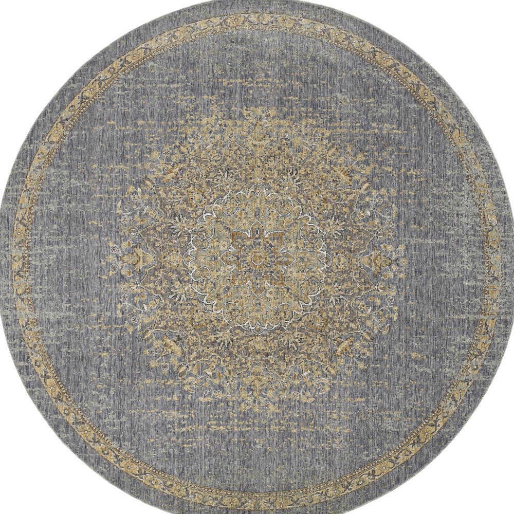 9' Gray and Tan Round Traditional Wool Rug