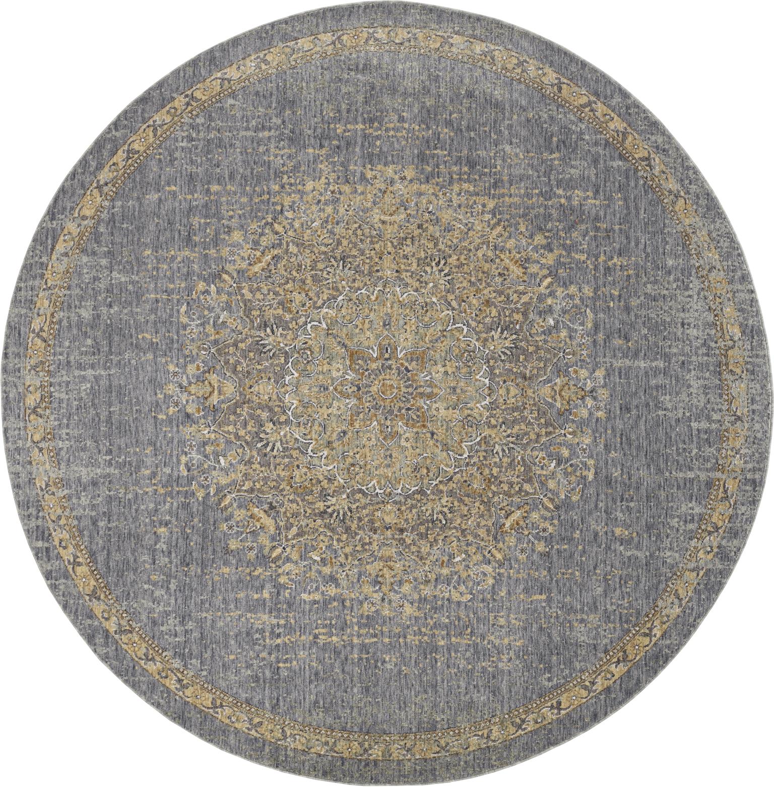 9' Gray and Tan Round Traditional Wool Rug