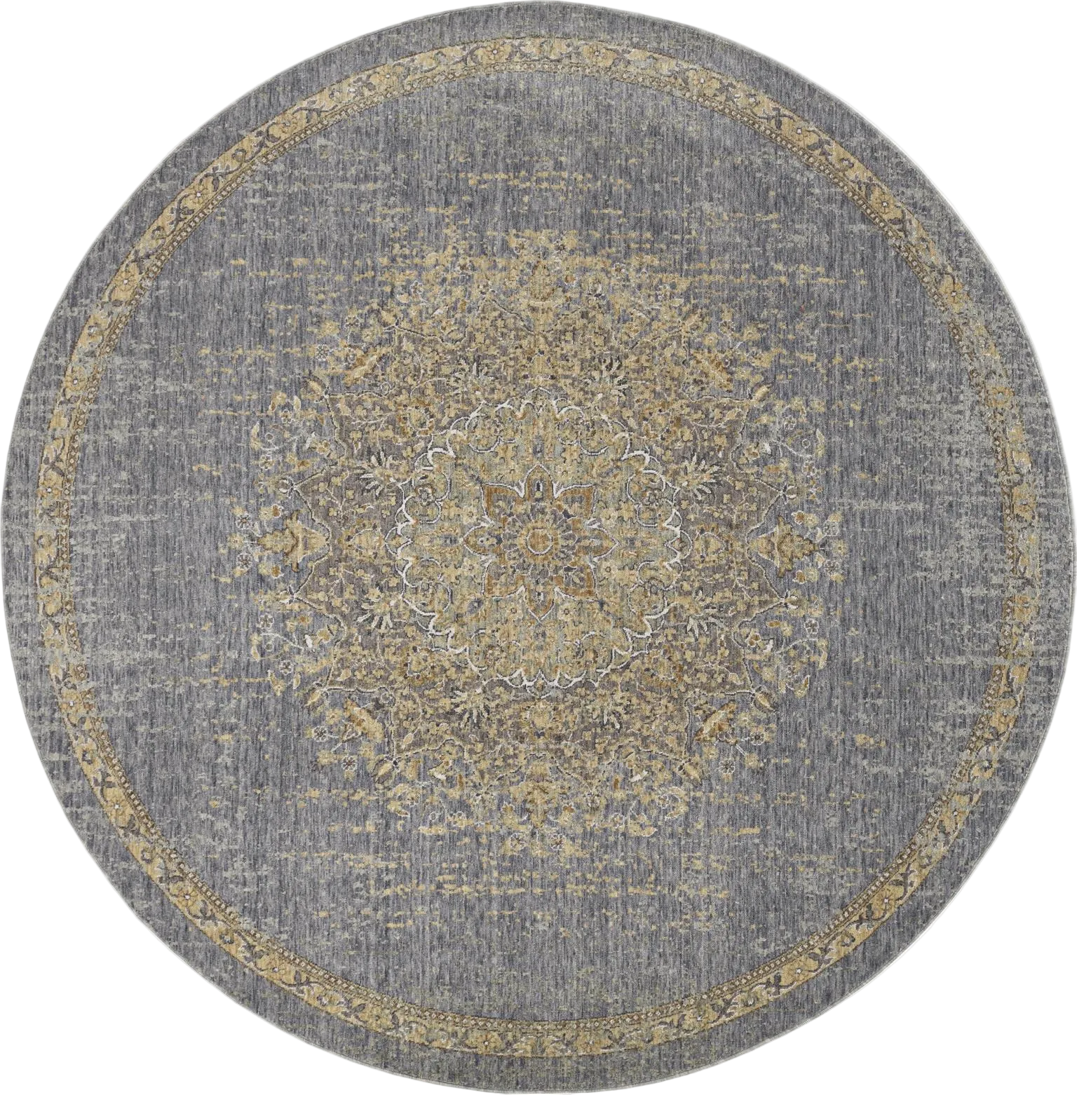 9' Gray and Tan Round Traditional Wool Rug