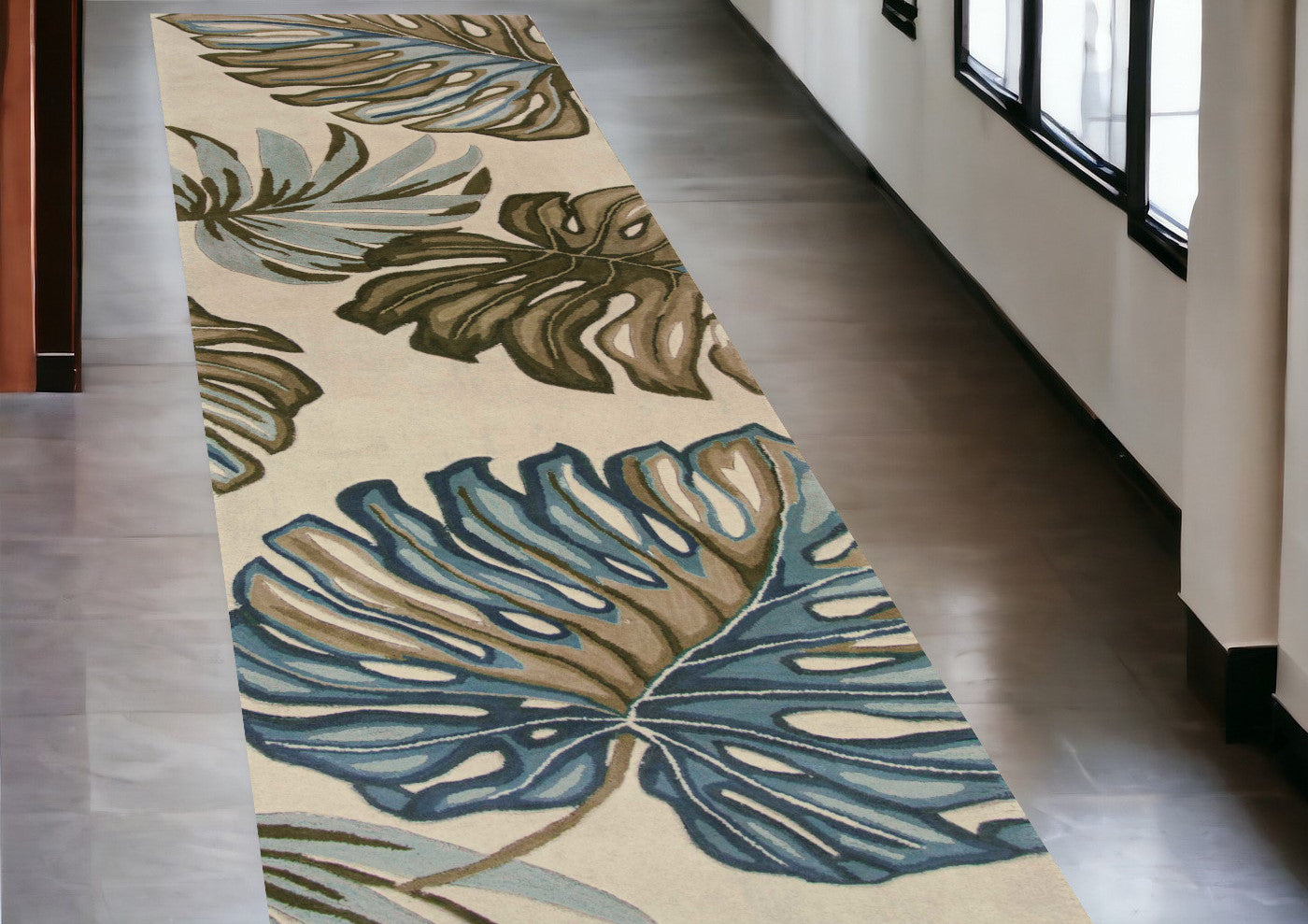 2' x 10' Cream Tropical Monstera Runner Rug