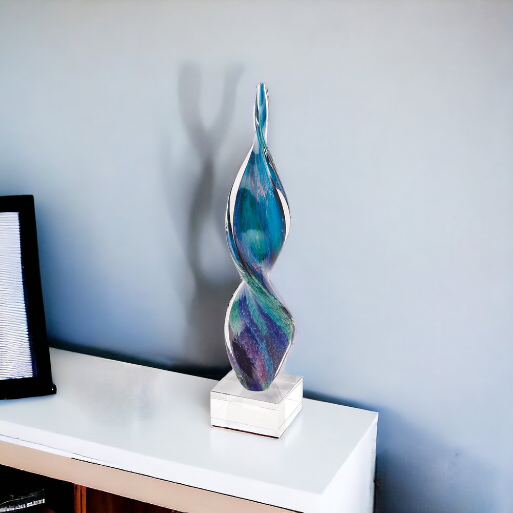 18" Blue and Green Murano Glass Spiral Sculpture