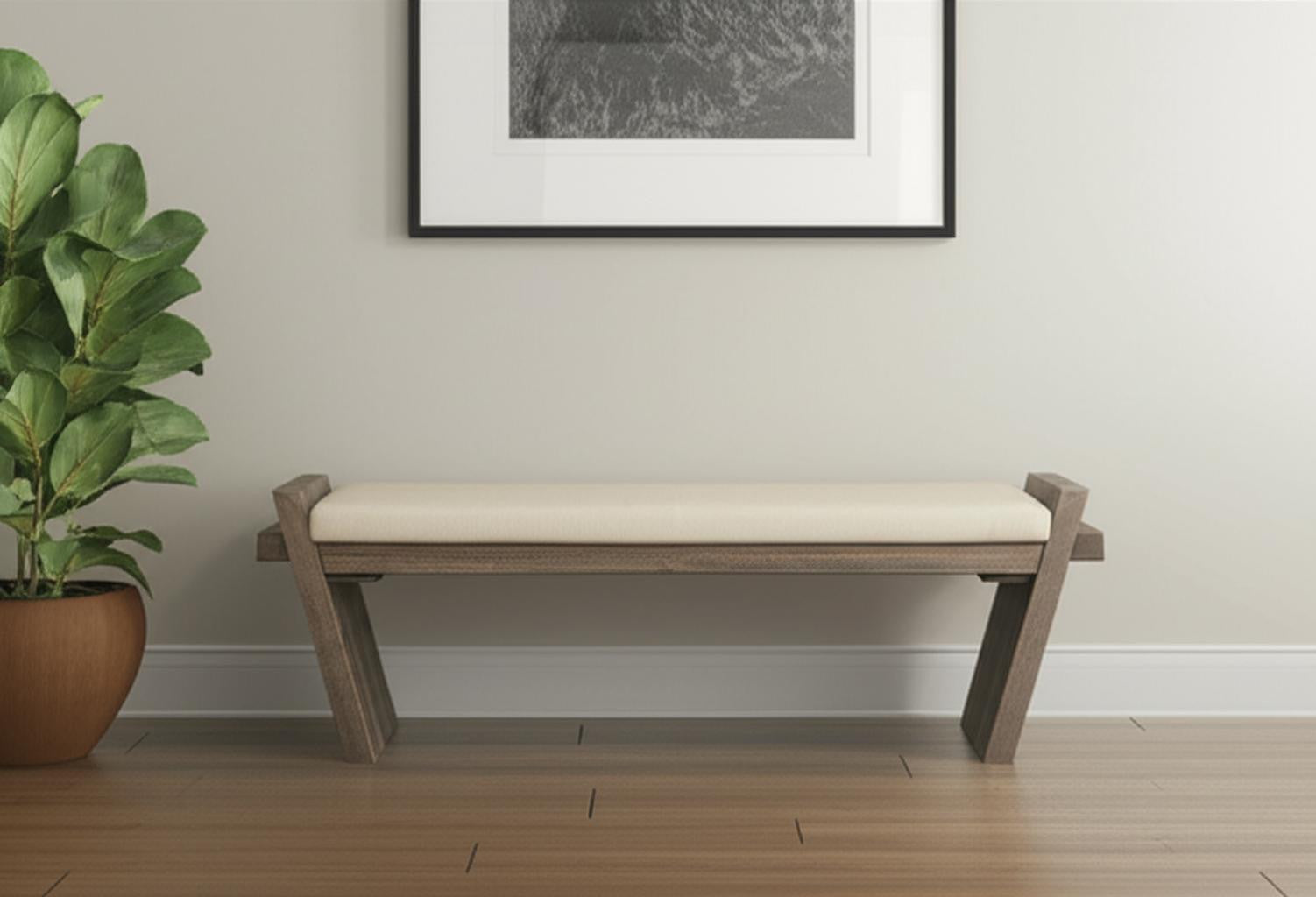 58" Off-White Wood and Linen Entryway Bench