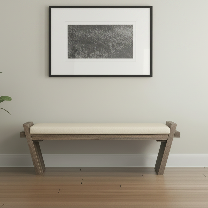 58" Off-White Wood and Linen Entryway Bench