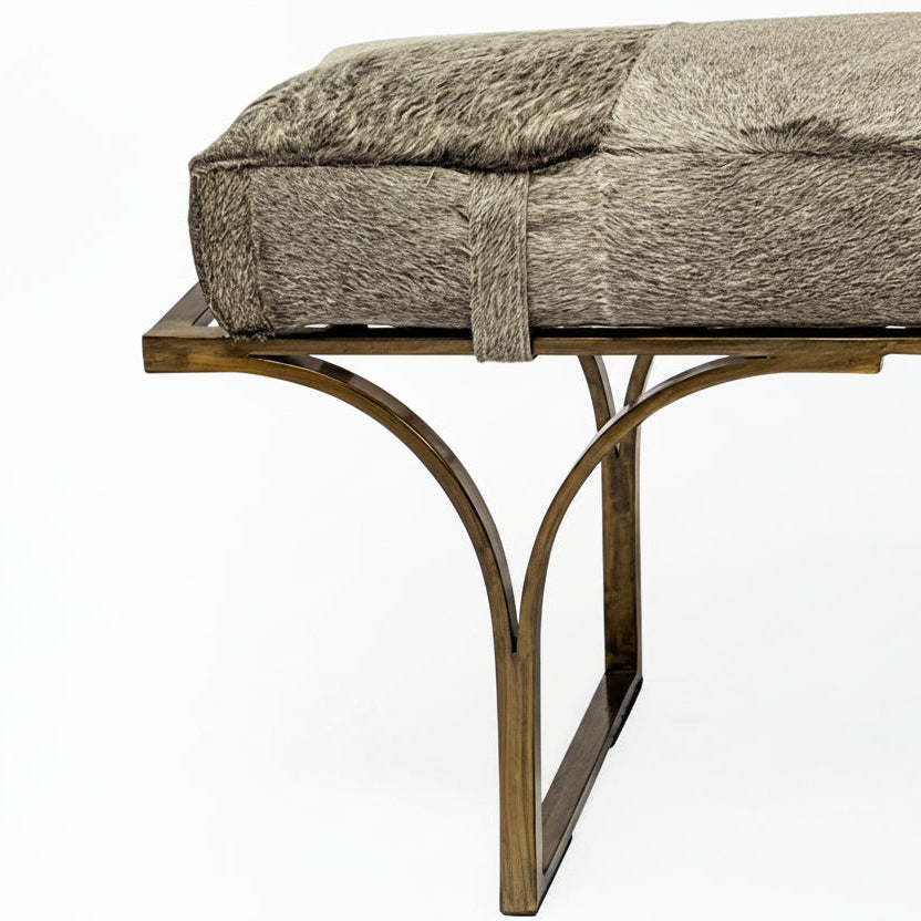 55" Gray and  Brass Faux Fur Bench