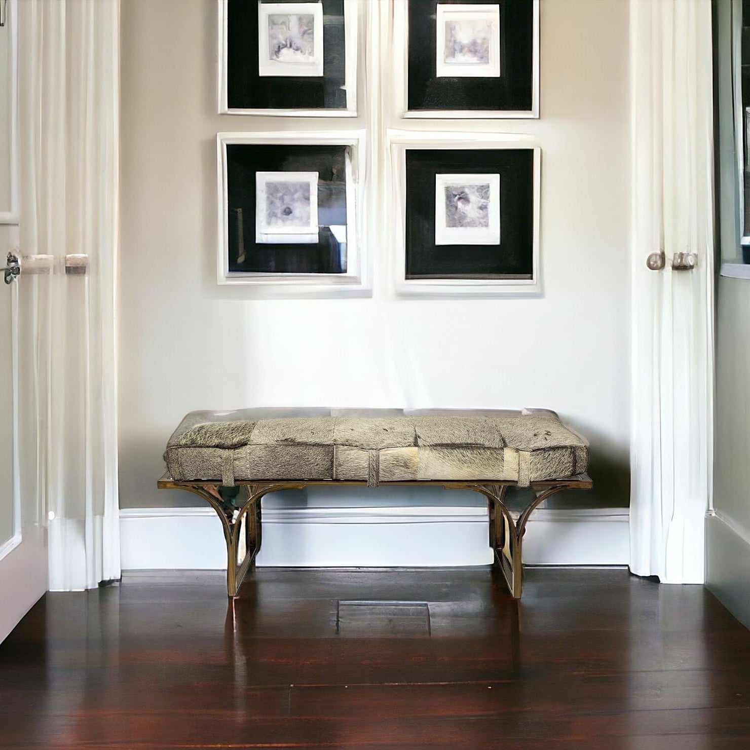 55" Gray and  Brass Faux Fur Bench