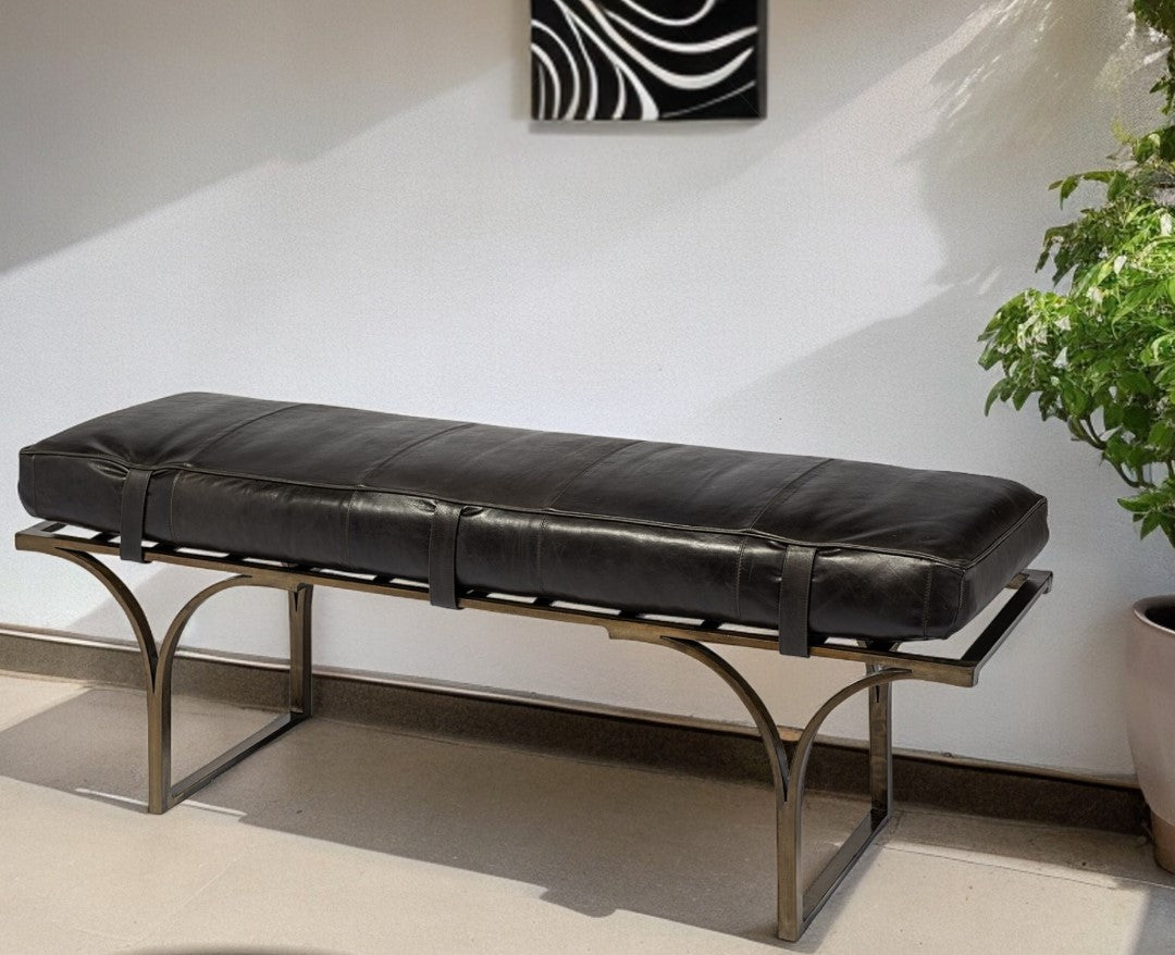 55" Leather and Antiquated Brass Bench