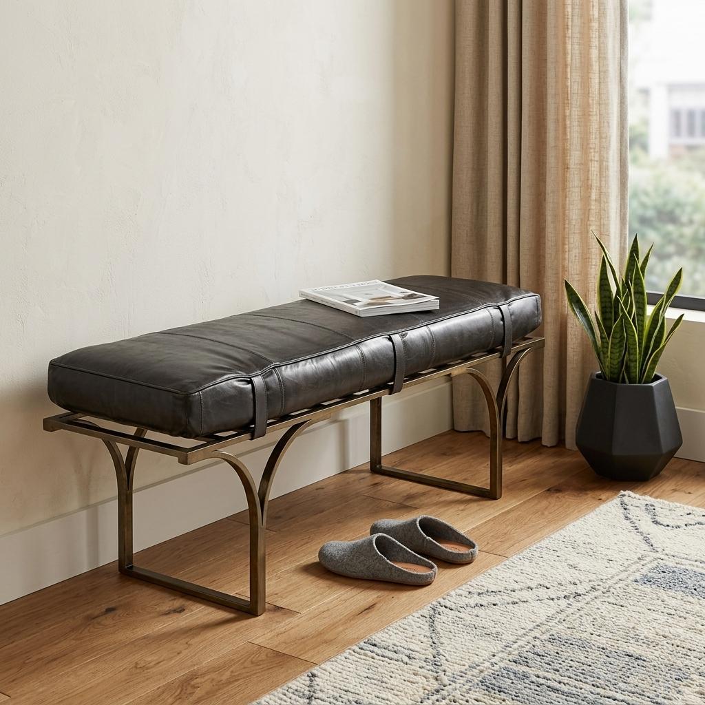 55" Leather and Antiquated Brass Bench