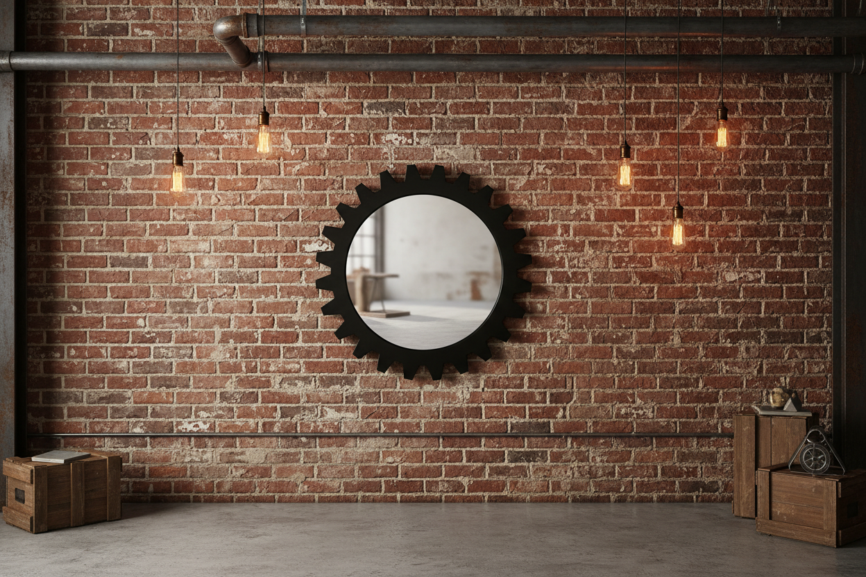 26" Black Cog Round Metal Mirror