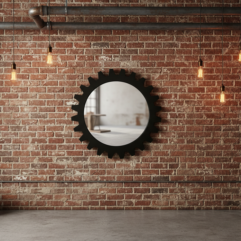 26" Black Cog Round Metal Mirror
