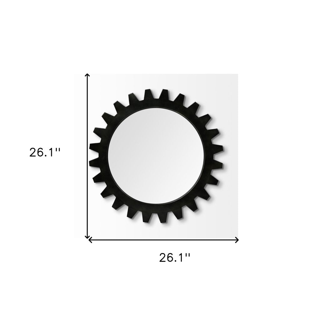 26" Black Cog Round Metal Mirror
