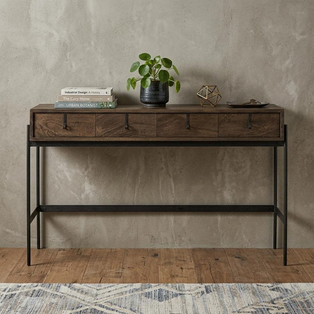 56" Brown Industrial Metal and Wood Console Table