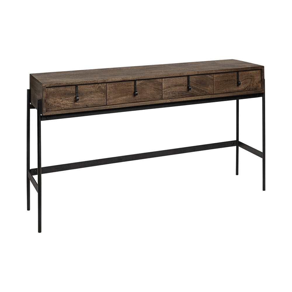 56" Brown Industrial Metal and Wood Console Table