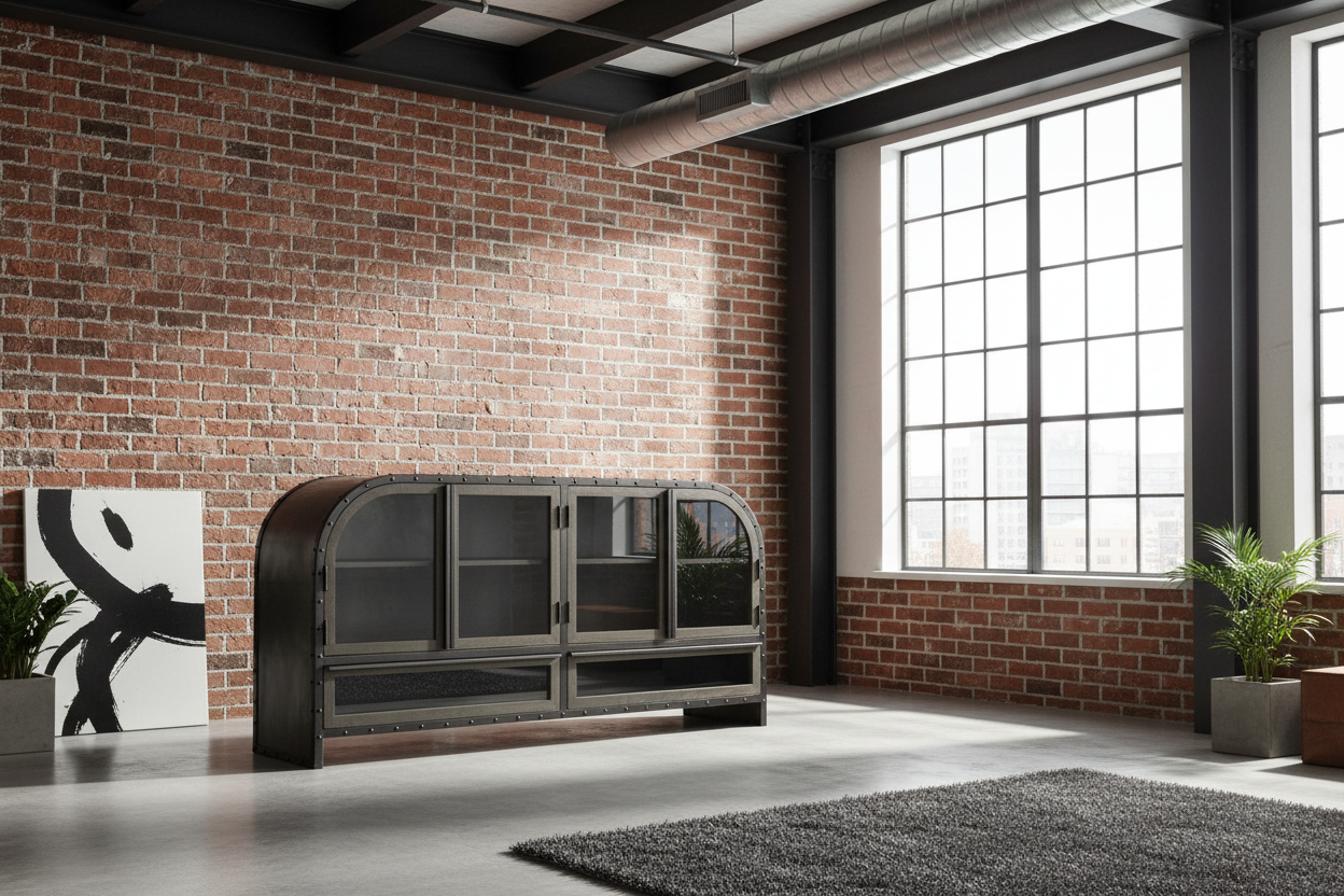 62" Brown Metal and Wood Industrial Sideboard